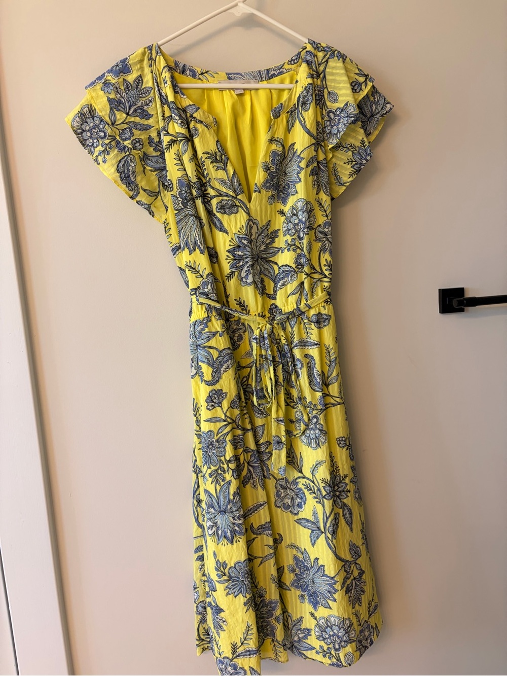 LOFT Yellow Floral V-Neck Midi Dress with Blue Print